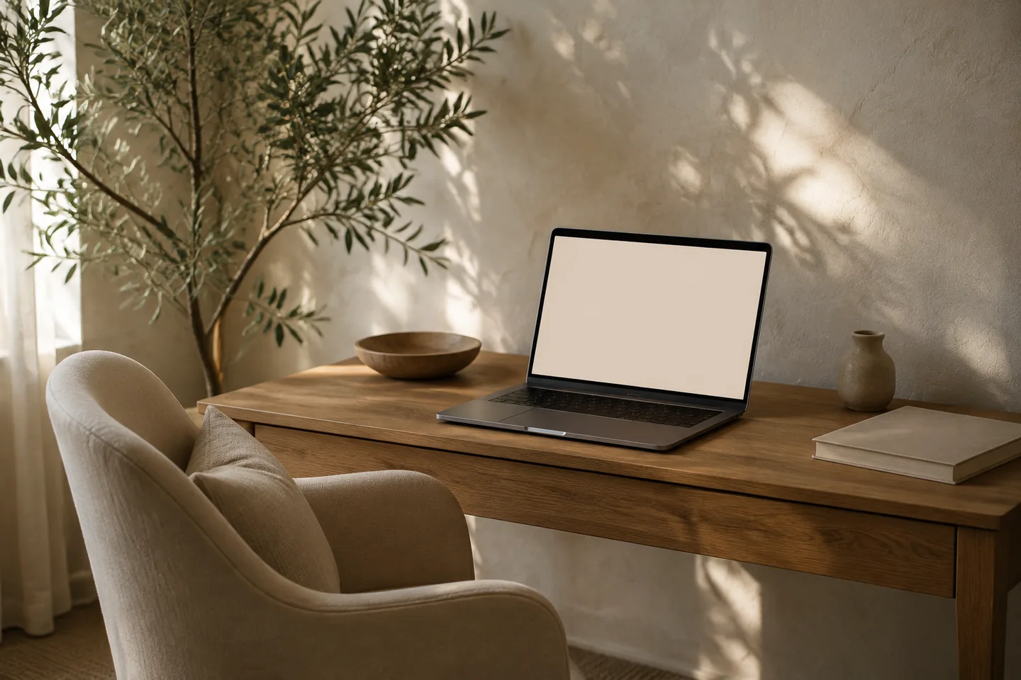 Mesa com notebook em um ambiente doméstico reservado e acolhedor