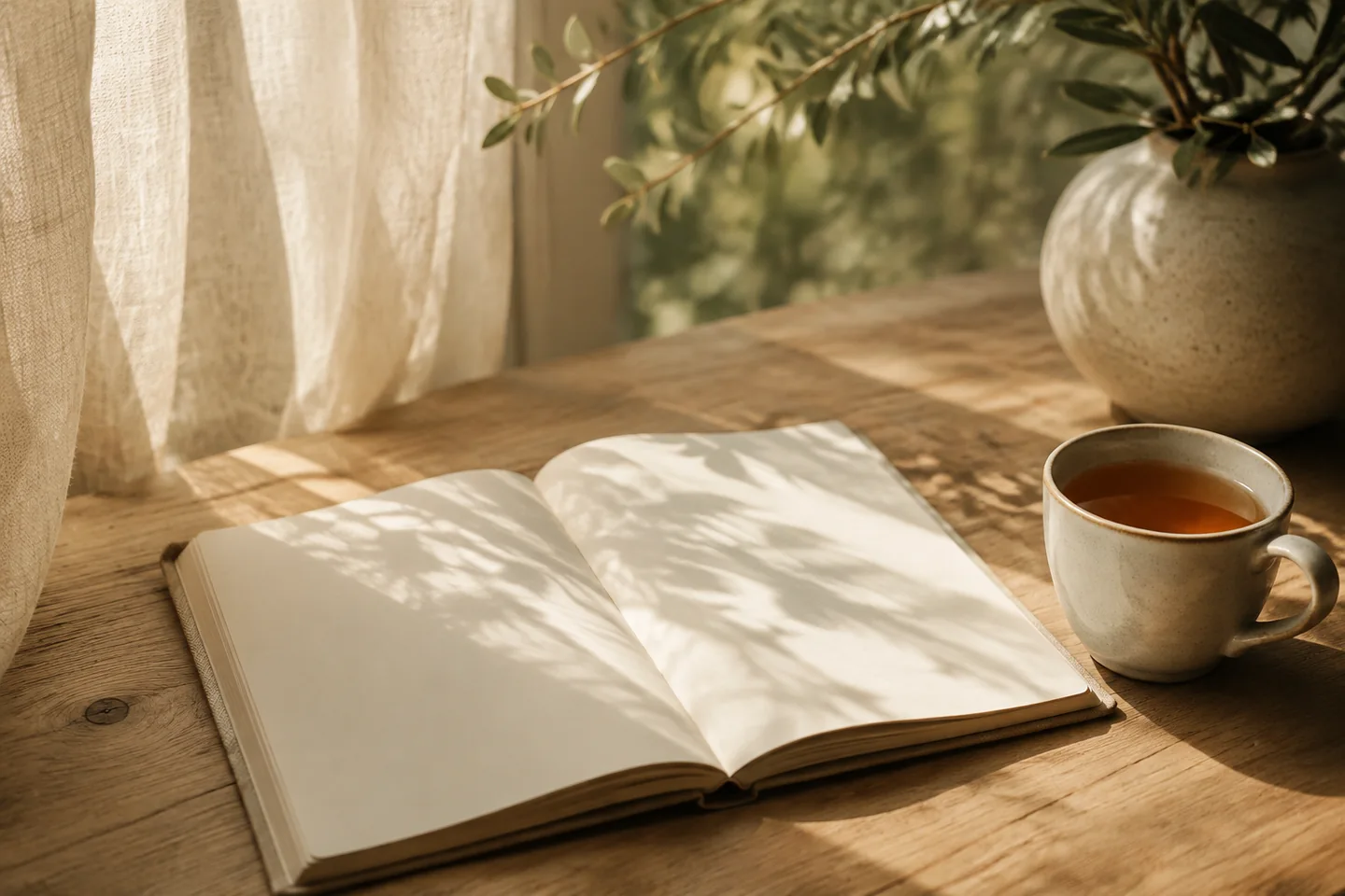 Caderno aberto e uma xícara sobre mesa de madeira junto à luz da janela