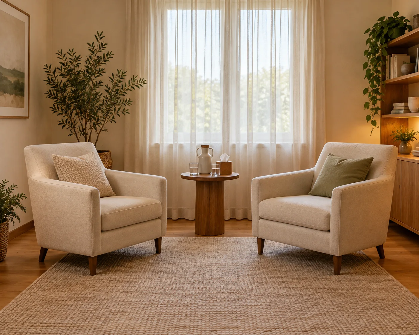 Consultório com duas poltronas voltadas para uma conversa, mesa lateral e luz natural